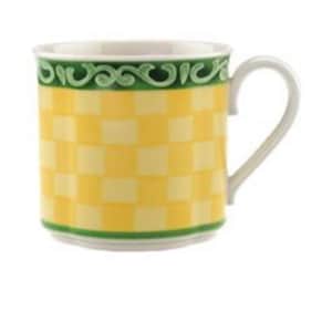 May include: A ceramic mug with a white handle and interior. The mug features a yellow and white checkered pattern on the body, with a green decorative band at the top and bottom. The top band has a green scroll design.