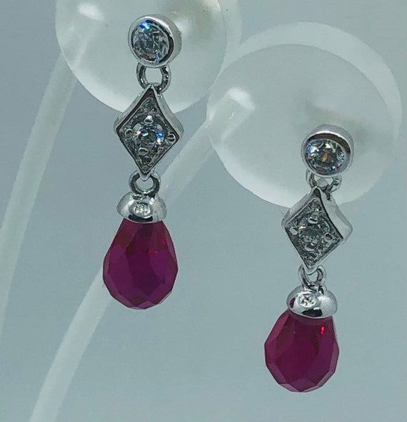 Natural Ruby W/ Diamonique Dangling Post Earrings… - image 1