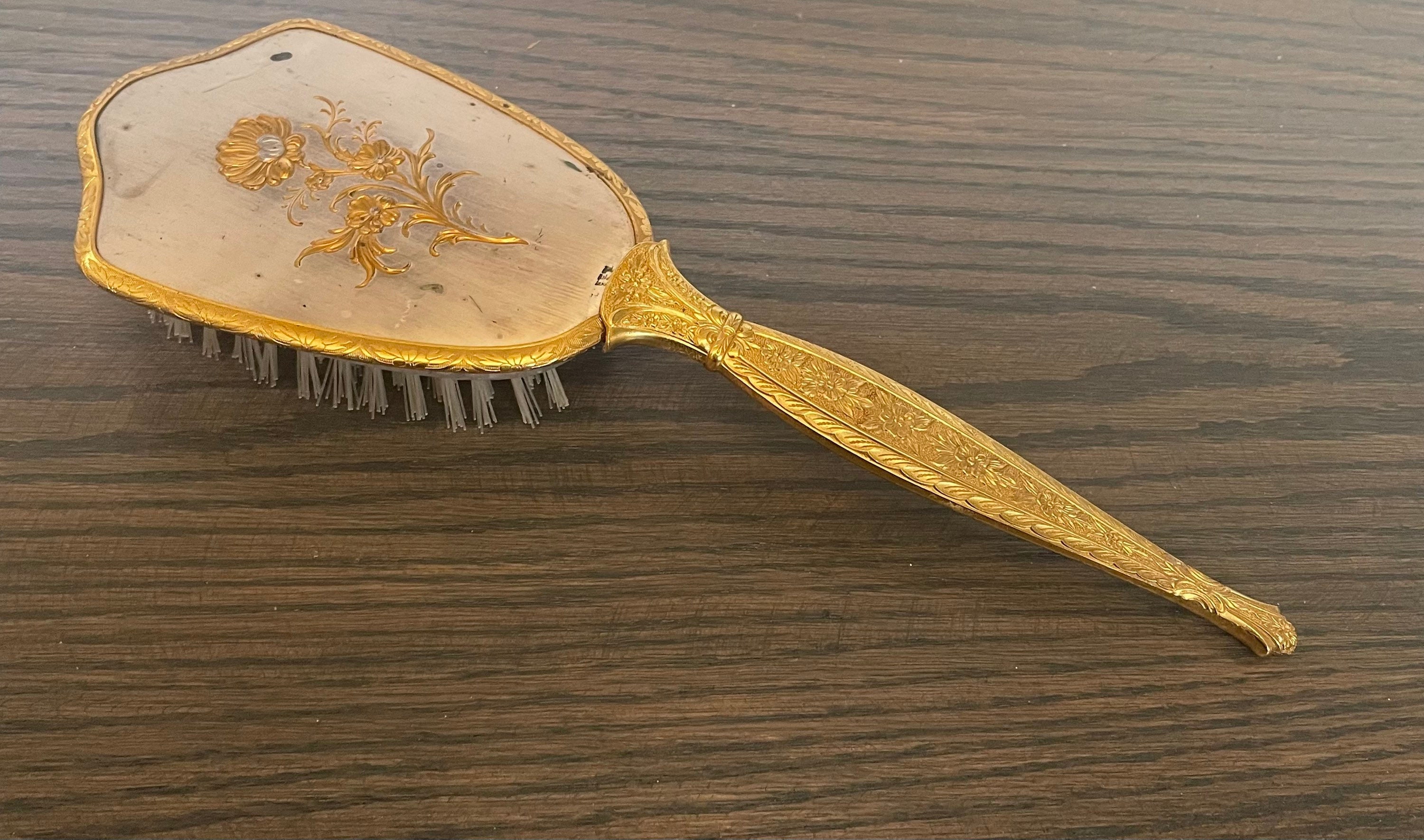 Vintage Gold Tone Mirror & Nylon Hair Brush Victorian Floral Marked Nylon USA Vintage Vanity Hand Mirrors and Hair Brush Set of 3 with  main image 4