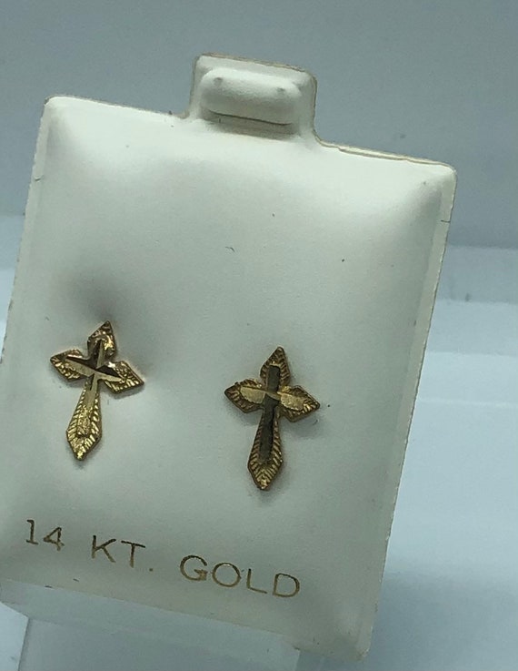 14K Solid Gold Earrings. Diamond cut Hold Cross S… - image 1