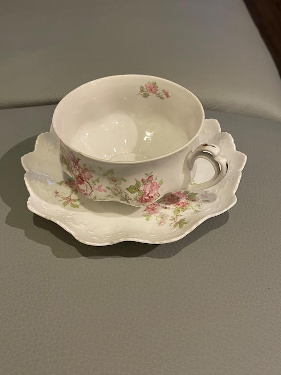 Antique MZ Moritz Zdekauer Austria Tea Cup & Saucer Wild Pink Rose