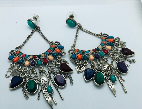 Long Silver Native American Multi colored Stone E… - image 1