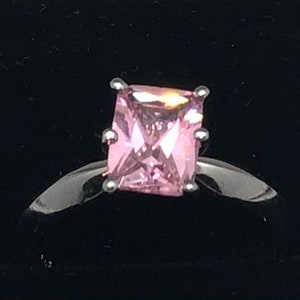 Luscious Pink Sapphire Emerald shape Solitaire 6 Pronged Sterling Silver Ring