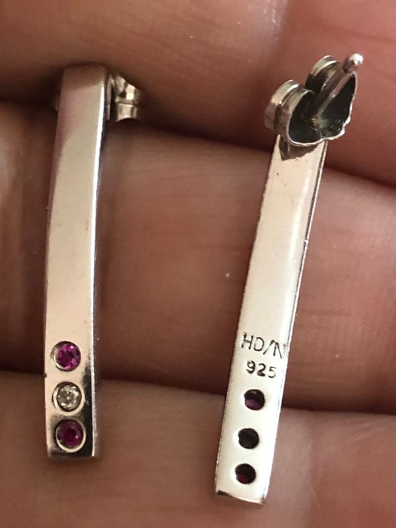 Sterling Silver Bar Post Earrings, Ruby and Diamon