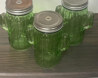 Vintage Cactus Shaped Glass container W/ Hobnail Straw Lid