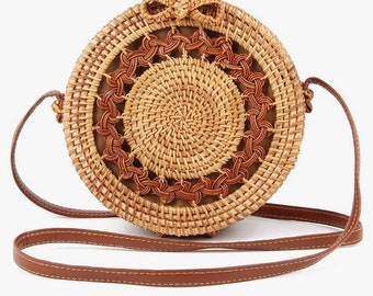 Round Rattan Cross body Brown hand woven Bag