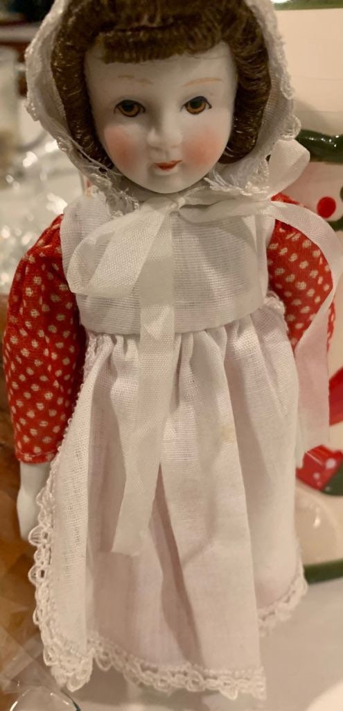 1940s-50s German China Porcelain Doll. 8” Vintage Doll With White