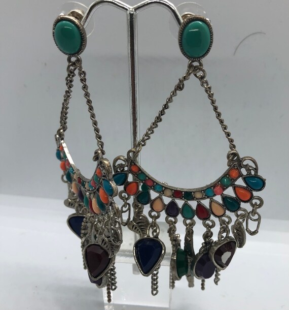 Long Silver Native American Multi colored Stone E… - image 3