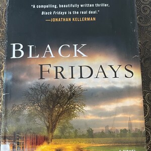 Może przedstawiać: Okładka książki "Black Fridays" autorstwa Michaela Searsa. Okładka przedstawia wiejską scenę z drzewem, drogą gruntową i płotem. Tytuł "Black Fridays" jest dużymi, pogrubionymi białymi literami na tle pochmurnego nieba.