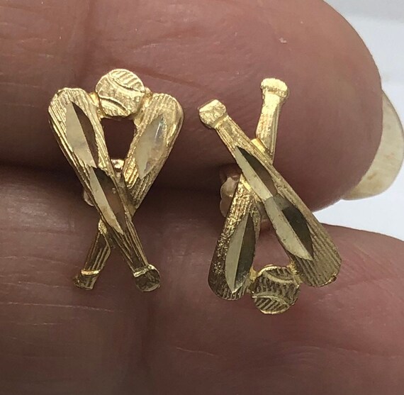 Real solid Yellow Gold baseball Stud post Earring… - image 5