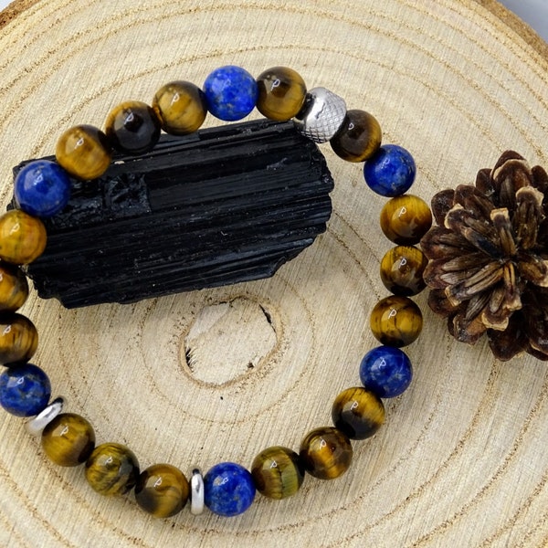 Les ancêtres guerriers - Bracelet homme "NU-YO" oeil de tigre et lapis lazuli