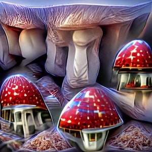 Puede incluir: Una imagen de arte digital surrealista de setas rojas y blancas con detalles intrincados. Las setas tienen una tapa en forma de cúpula con un tallo blanco y están dispuestas en un grupo. El fondo es un diseño borroso y abstracto.