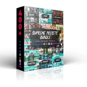 May include: A box featuring a collage of images showcasing over 400 premium presets for photo and video editing. The box is labelled "Supreme Presets Bundle" and includes logos for Adobe Lightroom, Photoshop, Final Cut Pro, Premiere Pro, and Avid.