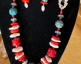 Beaded Necklace Southwest Turquoise & Coral Keishi Pearls Crystal Fine Silver Clasp and Links Leather