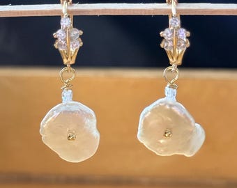 Keishi Pearl White Rose w/CZ accents Earrings 14KtGF LeverHoops