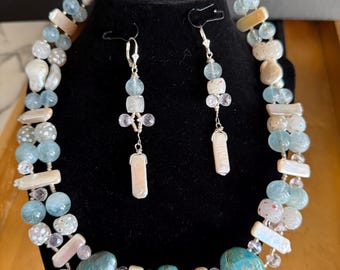 Naszyjnik z koralików oczkowych z XIX wieku, bransoletka, kolczyki, perły w kolorze turkusowym i akwamarynowym