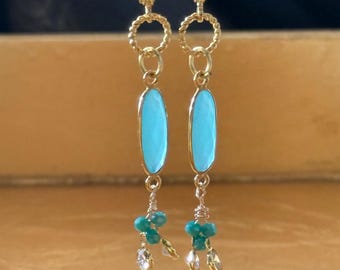 Chalcedony Drop Earrings, Aqua Cubic Zirconia, Clear crystal, 14Kt GF Leverhoops