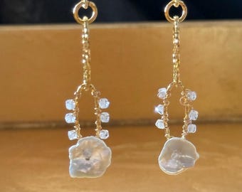 Keishi Pearl White Earrings, 14Kt Gold Filled Leverhoops, Cubic Zirconia Accents