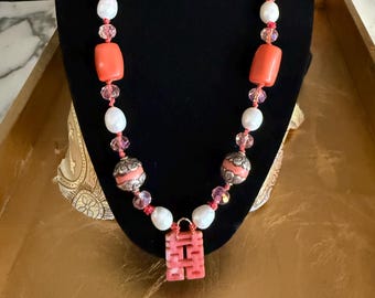 Beaded Coral Pearl Necklace. Crystal, Carved & Tibetan Coral 14Kt Rose Gold Filled Chain
