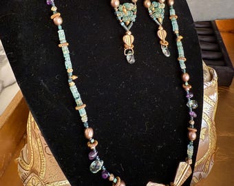 Roman Glass Necklace Ethnic Vermeil Pearls, Purple and Green Amethyst tiny seed beads