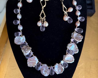 Keishi Pearls Necklace Lavender Amethyst Briolettes Vermeille accents