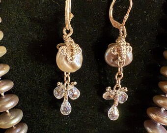 Coin Pearl Necklace Earrings, Cubic Zirconia Drops, Sterling Silver