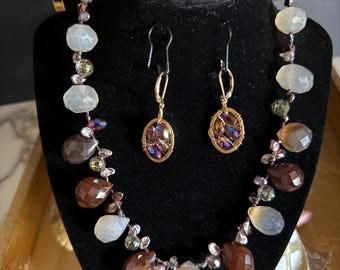 Chalcedony Earth tones Necklace. Accented with Keishi Pearls and Crystal. Earrings Crystal