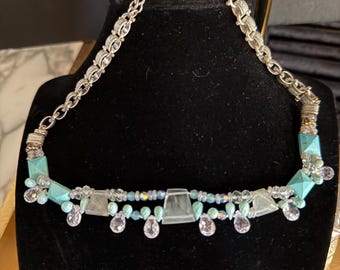 Choker Aquamarine Turquoise Chain Necklace and Earrings