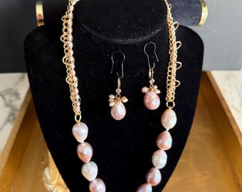 Pink Fireball and Rice Pearls 14Kt GF Chain Maille Gold Cubic Zirconia Box Clasp