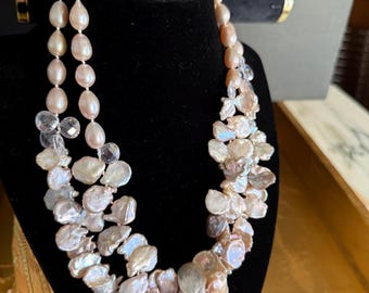 White Double Strand Keishi and Oval Pearl Necklace with Cubic Zirconia Drops as accent