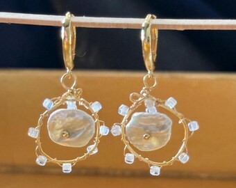 Keishi Pearl White Earrings, 14 Kt Gold Filled, Cubic Zirconia