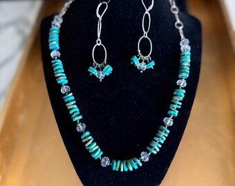 Green Turquoise Necklace Earrings Set, Sterling Silver Chain
