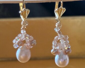 Pink Pearl Drop Earrings, Cubic Zirconia, 14Kt GF Leverbacks