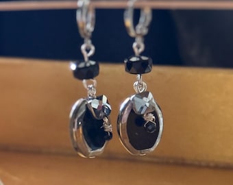 Black Czech Glass with White Bronze frame and Spinel Earrings. Sterling Silver Leverhoops