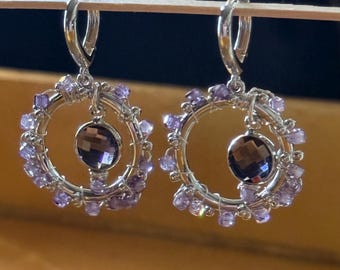 Lavender Cubic Zirconia Circle  Lt Purple Crystal Center Link Sterling Silver Leverback Earrings