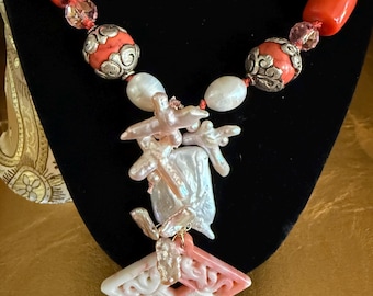 Coral Pearl Crystal Necklace. Carved Pendant with Cross Pink Biwa Pearls to accent. 14KtRGF