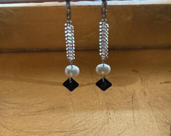 White Pearl Earring Pave Baguette Cubic Zirconia Link Black Crystal Accent