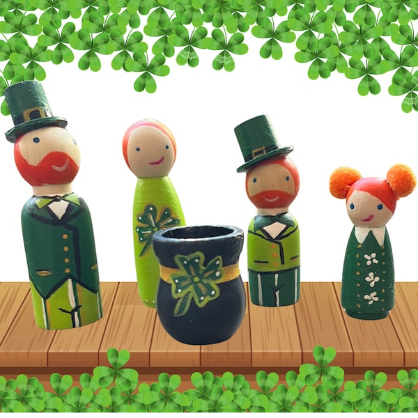 Irish Peg dolls. Leprechaun Peg Dolls, St. Patrick's Day Decorations, Luck of the Irish, Leprechaun set with pot of gold, Leprechaun Village