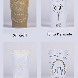 Op de afbeelding: Vier verschillende ontwerpen voor gepersonaliseerde bruiloftsbekers. De bekers zijn gemaakt van helder plastic en hebben verschillende ontwerpen, waaronder een krans met de namen "Am&eacute;lie & Alexandre", een spraakballon met de tekst "Alice et Lio se disent Oui!" en een stel dat elkaar kust onder een boog met de tekst "Le Bisou!" en "Marie-Rose & Emilie le 6 juin 2028".