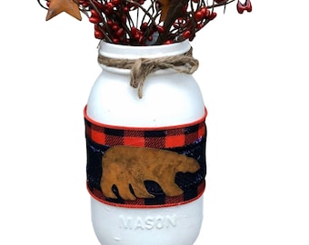 Buffalo Plaid Bear Mason Jar