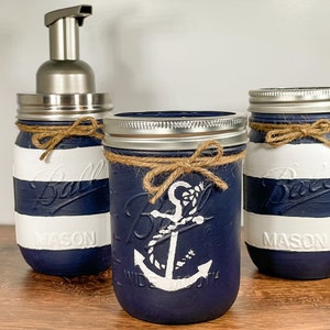 Nautical Mason Jar Bathroom Set / Nautical Bath Set / Nautical Mason Jars / Painted Mason Jars