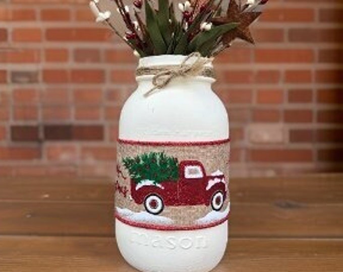 Vintage Truck & Christmas Tree Mason Jar