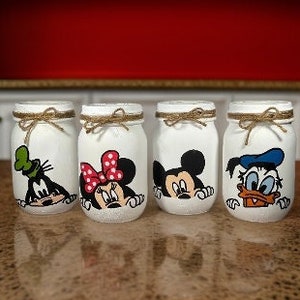 Disney Mason Jars / Mickey Mouse Mason Jars / Mickey Mouse Decor / Minnie Mouse / Goofy / Donald Duck / Painted Mason Jars