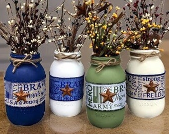 Military Mason Jars / Mason Jar Centerpiece / Military Veteran Gift / Navy / Army / Marines / Air Force / Painted Mason Jars