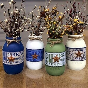 Military Mason Jars / Mason Jar Centerpiece / Military Veteran Gift / Navy / Army / Marines / Air Force / Painted Mason Jars