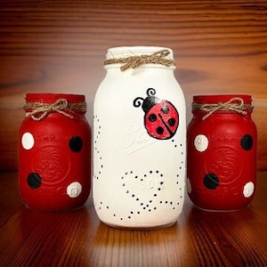 Ladybug Mason Jars / Mason Jar Centerpiece / Ladybug Decor / Painted Mason Jars