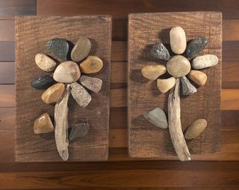 Lake Rock & Driftwood Art Flower Signs