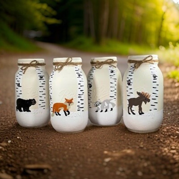 Woodland Animal Mason Jar Set - Woodland Animal Baby Shower - Painted Mason Jars