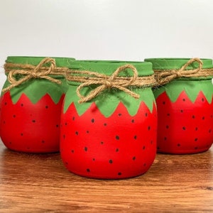Strawberry Mason Jars / Strawberry Decor / Painted Mason Jars