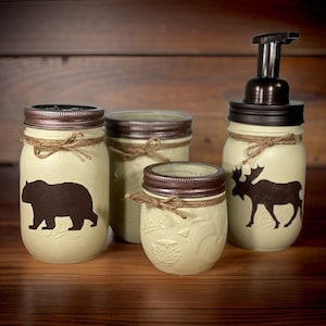 Conjunto de baño Woodland Mason Jar / Conjunto de baño de animales del bosque / Baño de osos y alces / Conjunto de tarros de albañil pintados